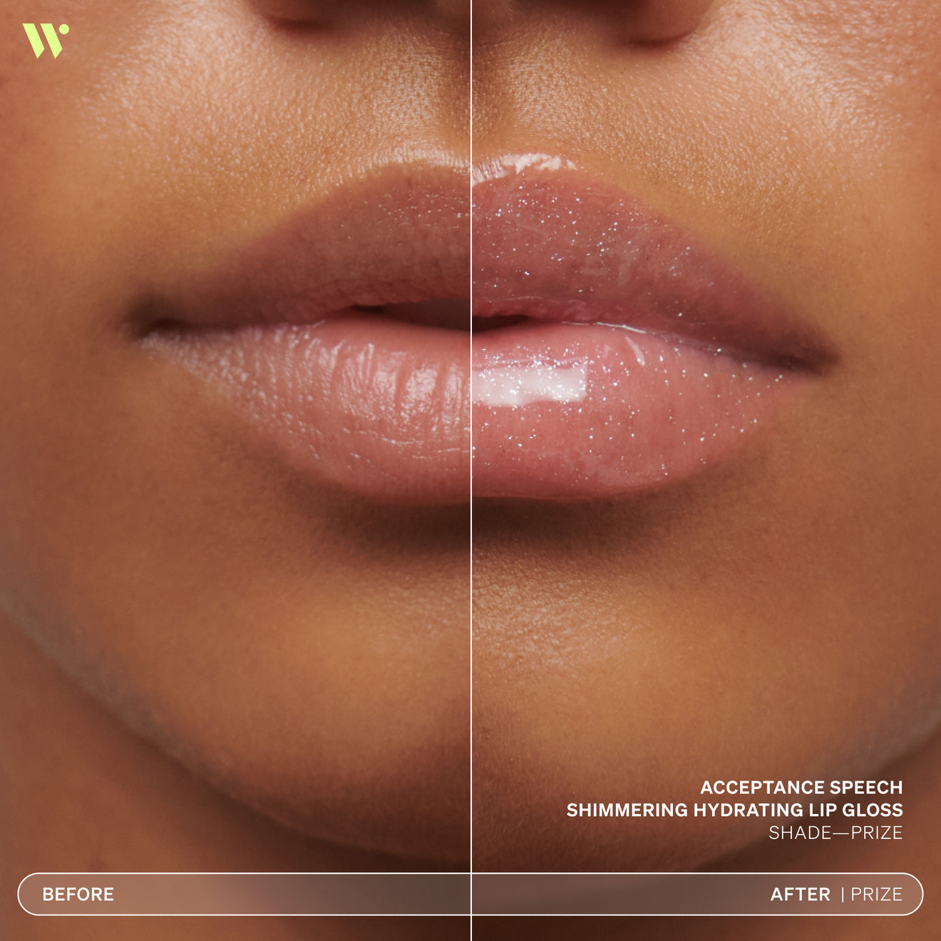 Acceptance Speech Shimmering Hydrating Lip Gloss in shade Prize before & after on lips