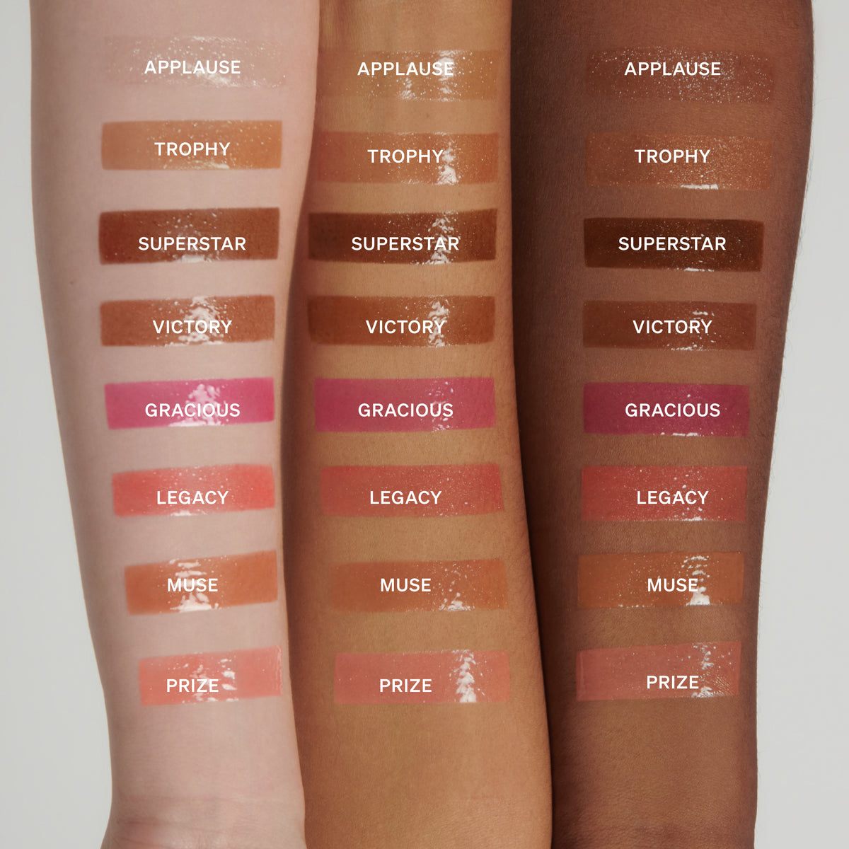 Arm shade swatches for Acceptance Speech Shimmering Hydrating Lip Gloss